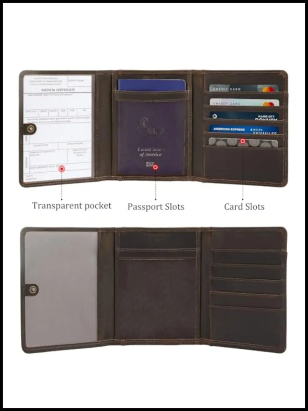Full Grain Leather Trifold Wallet RFID Blocking Passport Holder with AirTag Slot